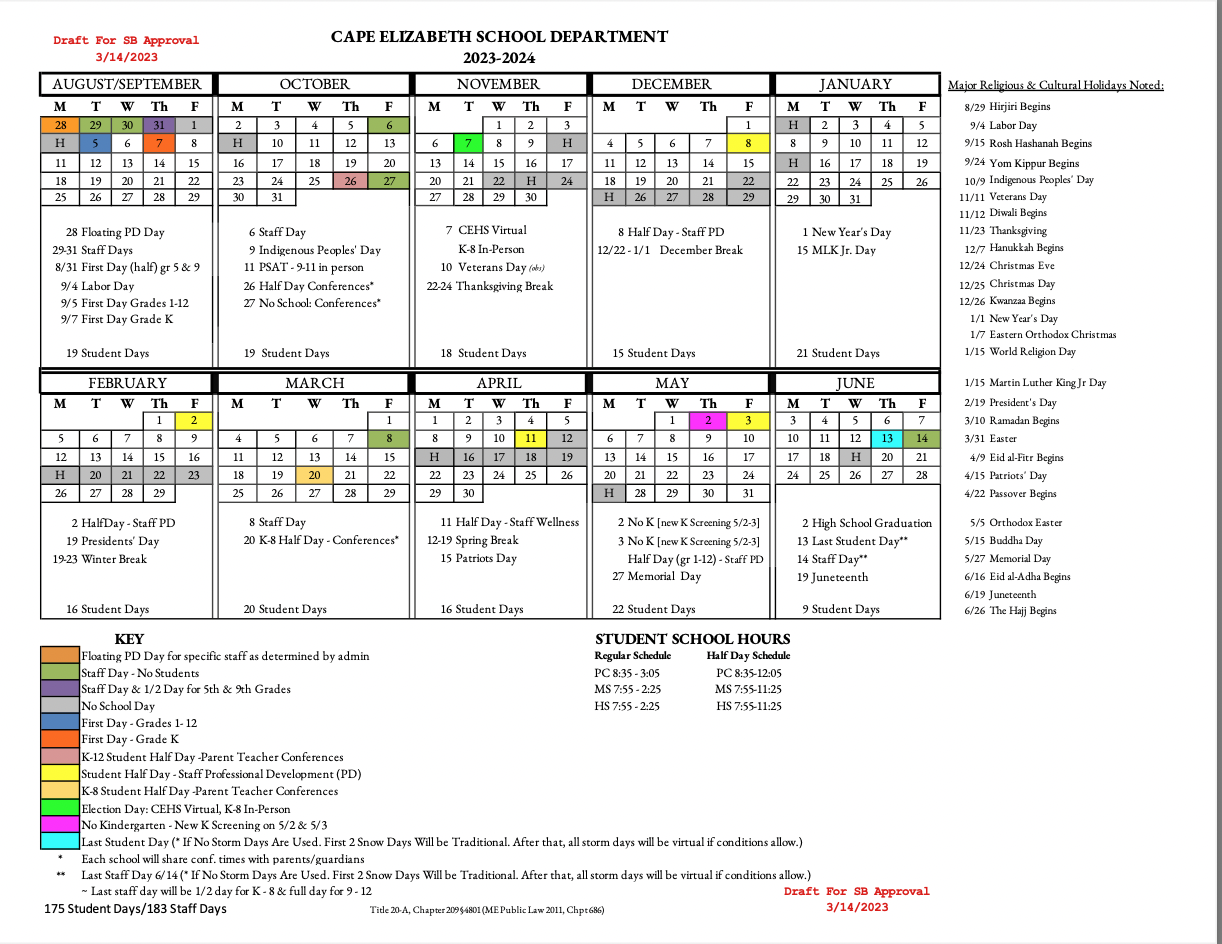 Cape Elizabeth School Department Calendar For 2023 2024 Approved Town Of Cape Elizabeth Maine